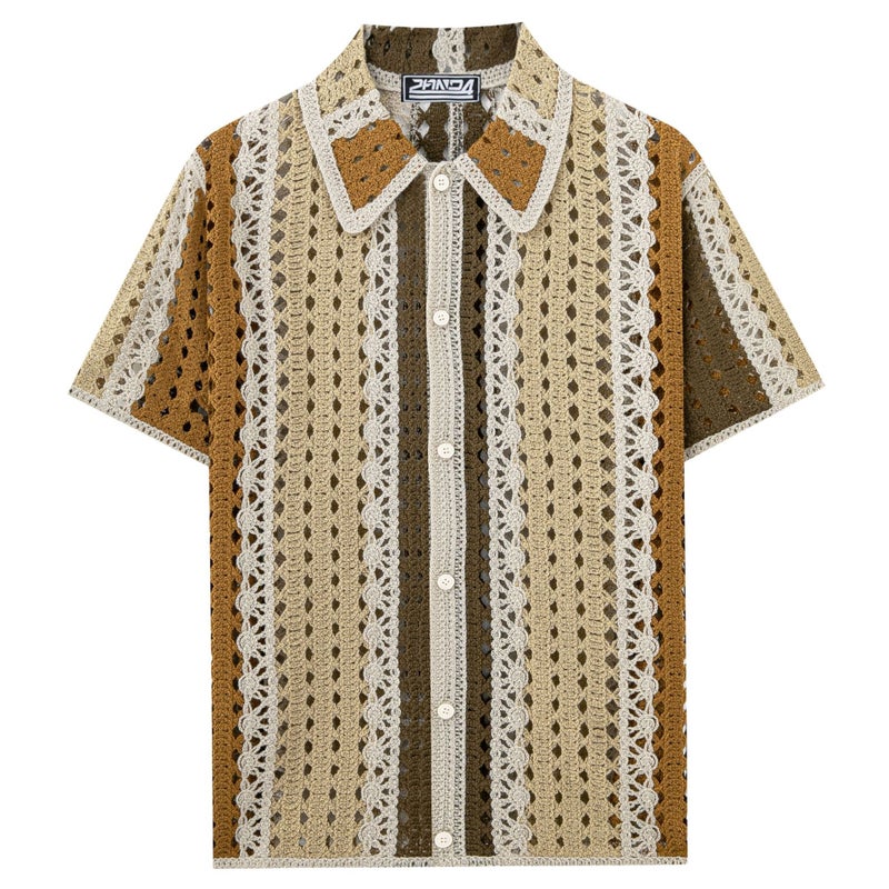 Men's Striped Short Sleeve Knit Polo Shirt - Lightweight, Hollow Out, Acrylic - Image 2