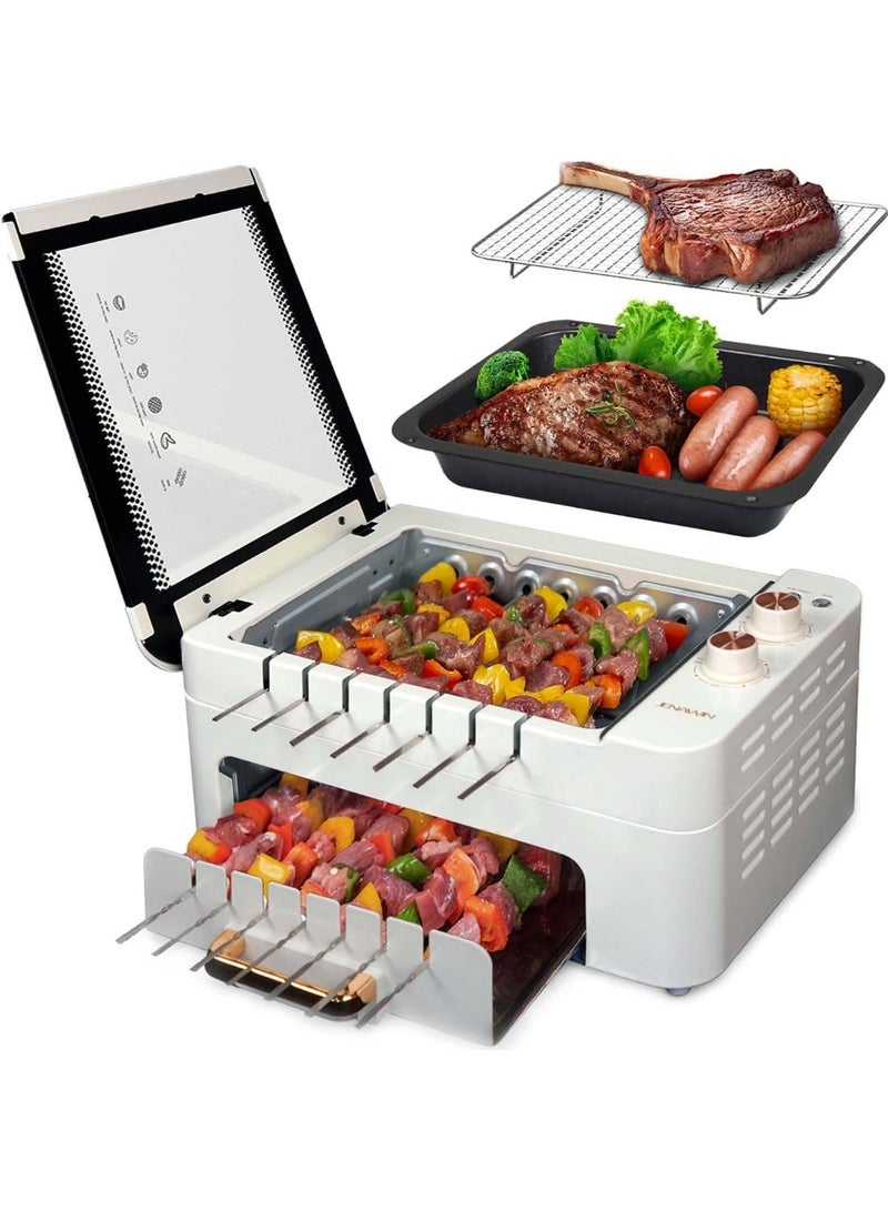 YOUWE7 Indoor Smokeless Electric Grill for Kabob Skewers - 1000W Indoor Tabletop BBQ Grill Smokeless Auto 360° Rotating Rotisserie, Indoor Barbecue with Removable Grill Pan, Dual Zone Cooking - Image 1