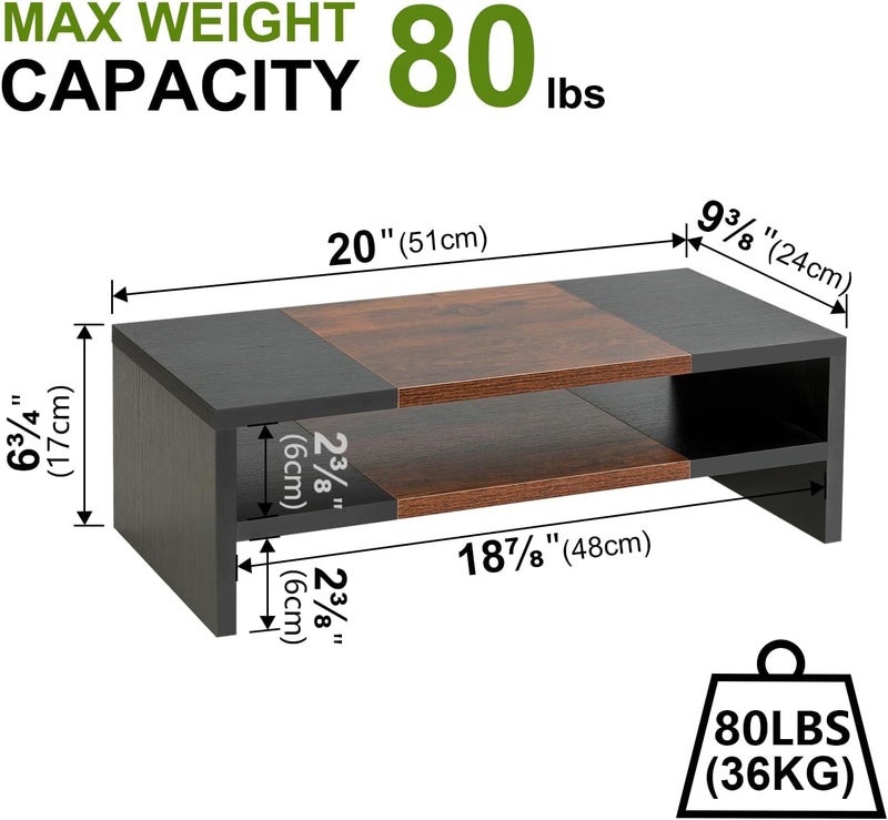 TEAMIX 2 Tiers Desktop Monitor Stand Riser 20 Inch Printer Stand with Storage Small TV Riser Laptop Wooden Desk Organizer Shelf Bookshelf (Black+Brown, 2 tiers) - Image 5