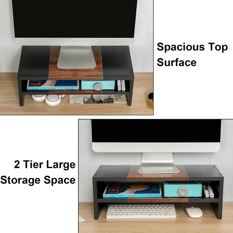 TEAMIX 2 Tiers Desktop Monitor Stand Riser 20 Inch Printer Stand with Storage Small TV Riser Laptop Wooden Desk Organizer Shelf Bookshelf (Black+Brown, 2 tiers) - Image 3