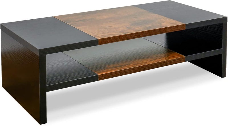 TEAMIX 2 Tiers Desktop Monitor Stand Riser 20 Inch Printer Stand with Storage Small TV Riser Laptop Wooden Desk Organizer Shelf Bookshelf (Black+Brown, 2 tiers) - Image 1