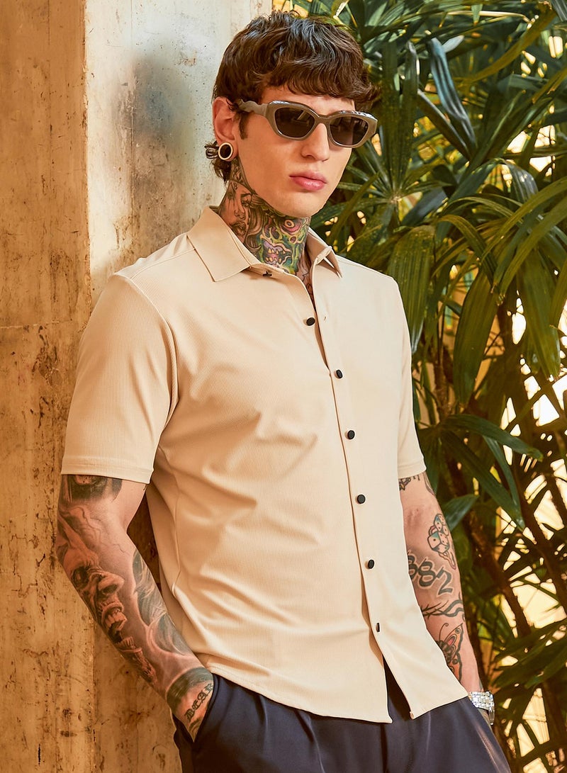 Campus Sutra Men's Buff Beige Seamless Waffle Shirt - Image 1