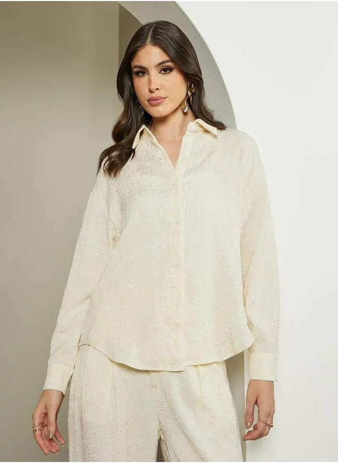 Styli Oversized Jacquard Pattern Spread Collar Shirt