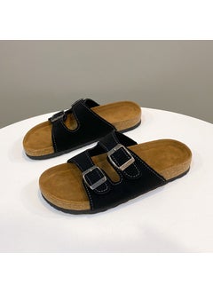 Vintage Double Row Buckle Casual Womens Slippers 2024 Summer New Round Head One-Row Style Beach Sandals Polyamide Material Black