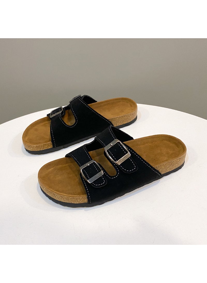Generic - Vintage Double Row Buckle Casual Womens Slippers 2024 Summer New Round Head One-Row Style Beach Sandals Polyamide Material Black - Image 1