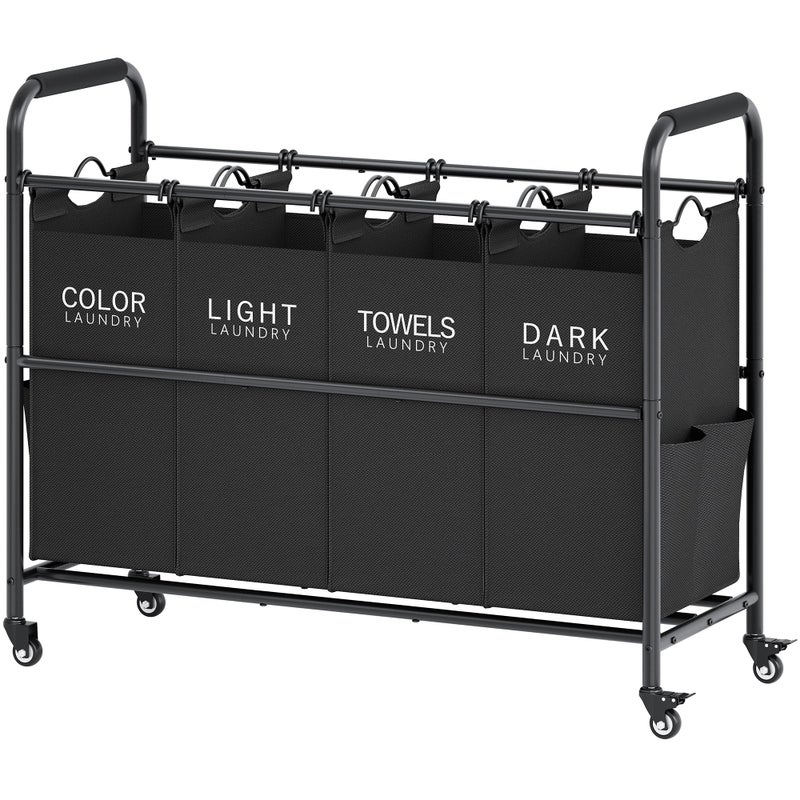 Tajsoon 4 Bag Laundry Sorter Cart 4 Section Laundry Hamper Sorter with Heavy Duty Lockable Rolling Wheels Laundry Separator Hamper with Removable Bags for Dirty Clothes Storage Black