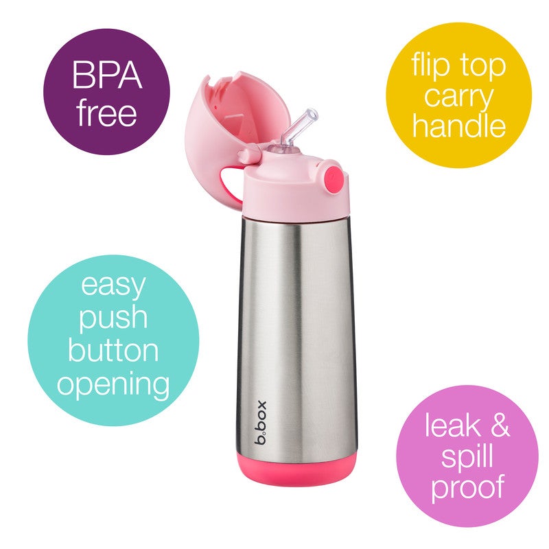 B.Box Insulated Drink Bottle with Straw | Stainless Steel Water Bottle for Kids 3+ Years | Push Button Lid | BPA-Free | Keeps Drinks Cold up to 15 Hours | 500ml (17 fl oz)-Flamingo Fizz - Image 2