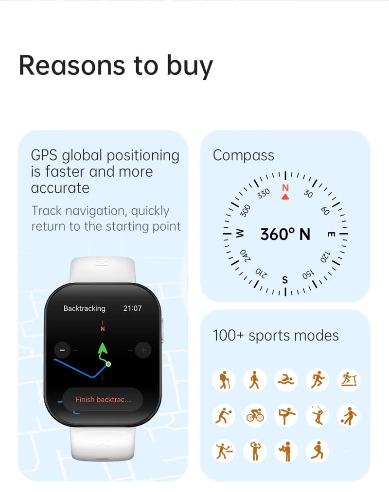 KUMI U6 1.96″ AMOLED Screen GPS Smart Watch Bluetooth Call Compass Path Retracing Heart Rate Measurement Oximetry Men Women - Image 3