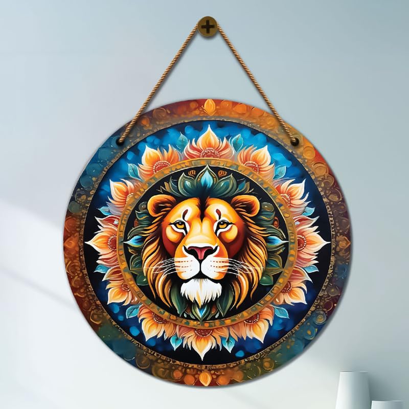 Divinity Decor 12x12 Inch Lion in yellow and blue mandala Wooden wall decor for bedrooms, drawing rooms, and office spaces - D96 - Image 1