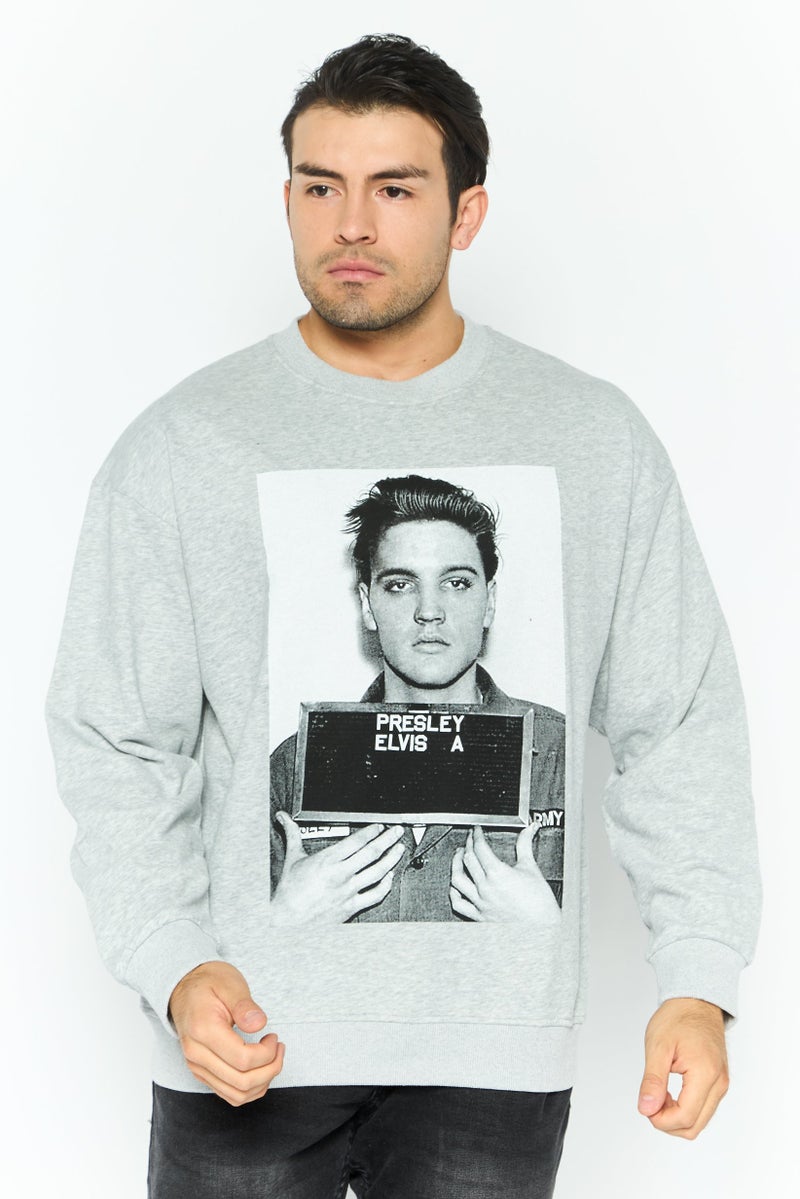 ELVIS Men Crew Neck Graphic Printed Long Sleeves Sweatshirt, Grey - Image 1
