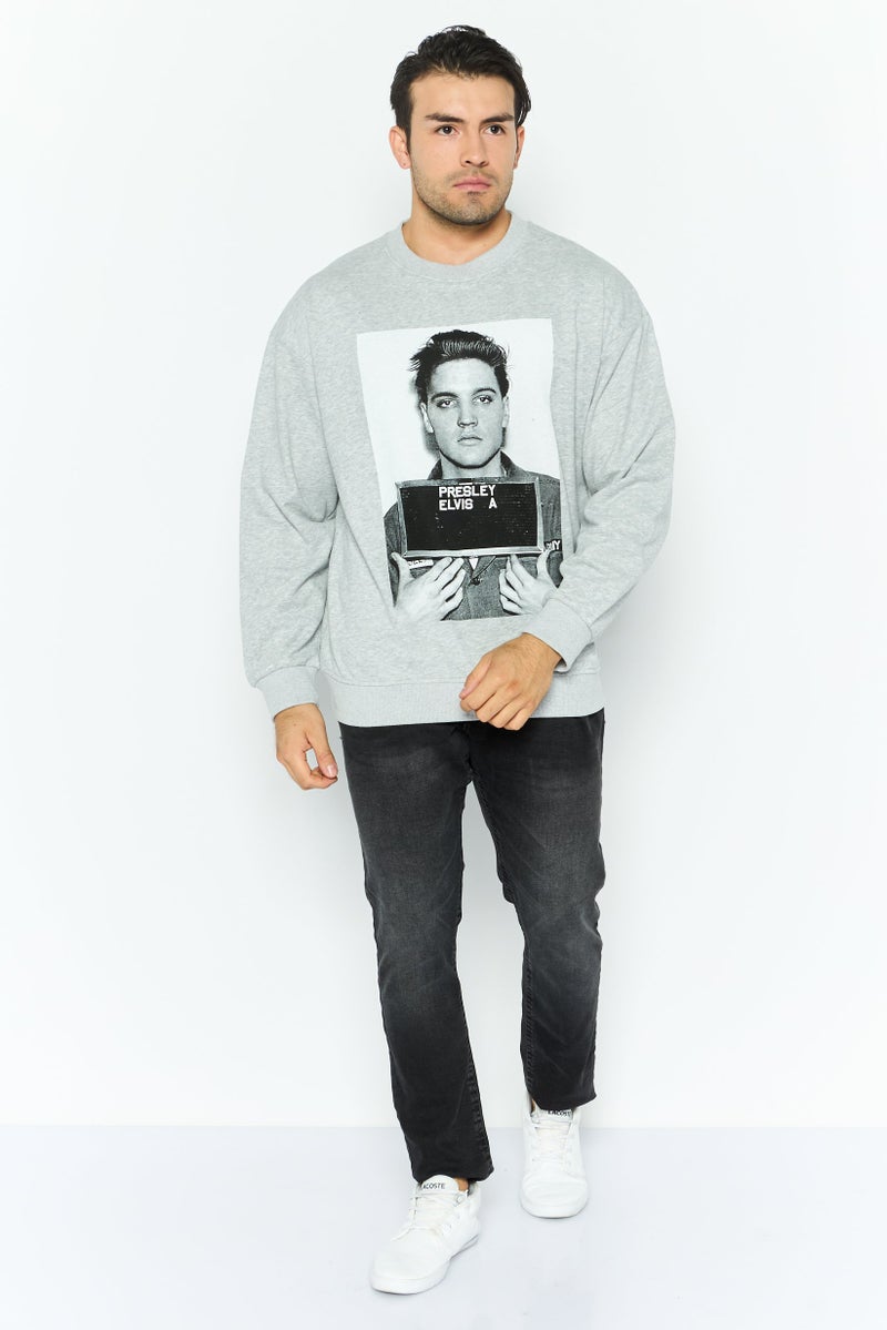 ELVIS Men Crew Neck Graphic Printed Long Sleeves Sweatshirt, Grey - Image 2