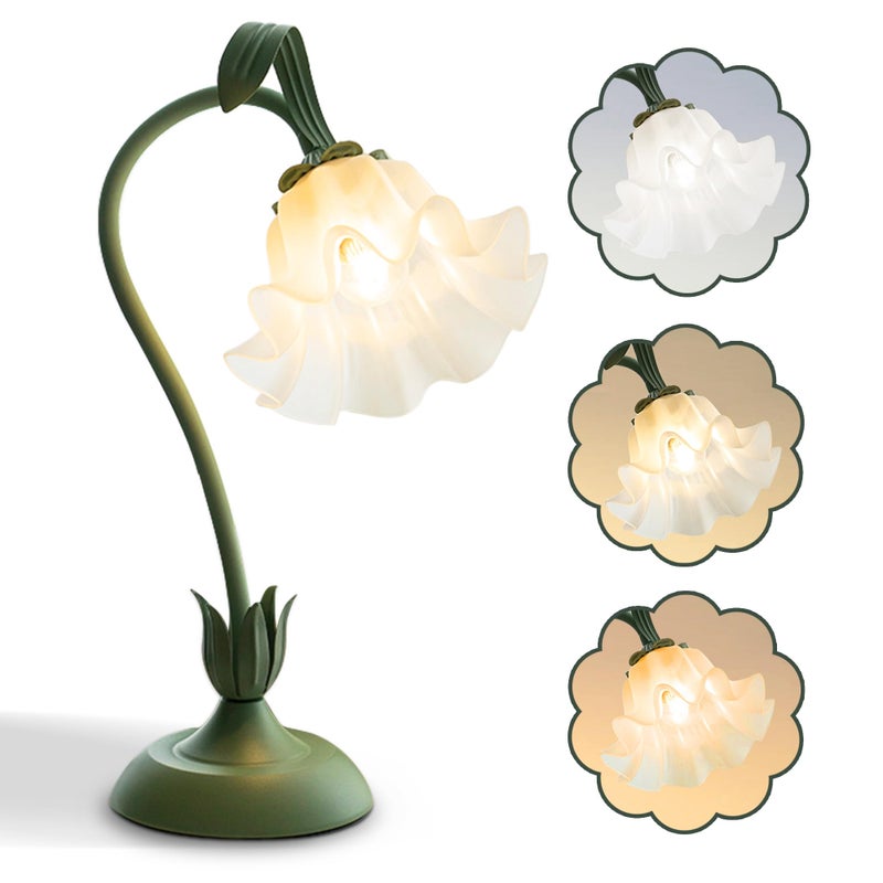 AQDZCNF Flower Table Lamp,LED Reading Light Bedside Vintage Flower Night Light,3 Colors Modes Kawaii Bedside Lamps Decor,Living Room Bedroom Room Lighting Table Lamps Home Decoration (Green) - Image 1