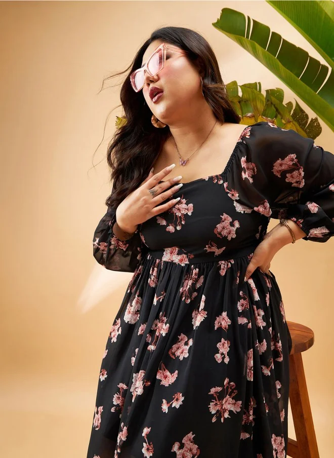 Floral Printed Black Fit & Flare Dress for Women