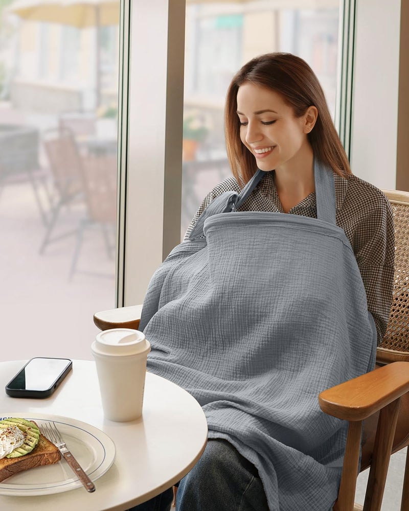 Blissful Diary غطاء رضاعة موسلين يوميات السعادة للرضاعة الطبيعية، غطاء رضاعة قابل للتنفس مع ياقة مقوسة للنساء، مئزر رضاعة (رمادي فاتح) - Image 3