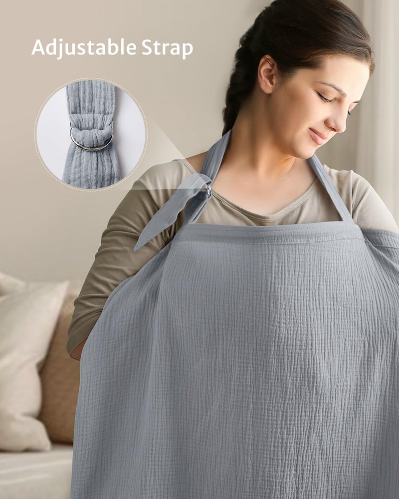 Blissful Diary غطاء رضاعة موسلين يوميات السعادة للرضاعة الطبيعية، غطاء رضاعة قابل للتنفس مع ياقة مقوسة للنساء، مئزر رضاعة (رمادي فاتح) - Image 5