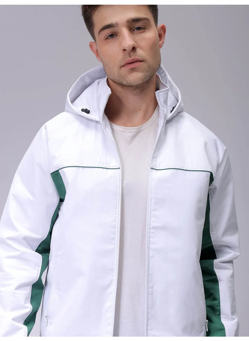 The Indian Garage Co Men White Casual Puffer Jacket Slim Fit Cut & Sew Casual Puffer Jacket