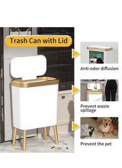 Bathroom Trash Can with Lid, Plastic Garbage Can with Lid, 4 Gal Gold Trash Bin with Push Button, Narrow White Trash Can Waste Basket for Bedroom, Bathroom, Living Room,Office，Dog Proof Trash Can - pzsku/Z51C118B79ACBA0B79915Z/45/_/1697089235/d05ab703-2b13-49cd-9928-d8633b53707b