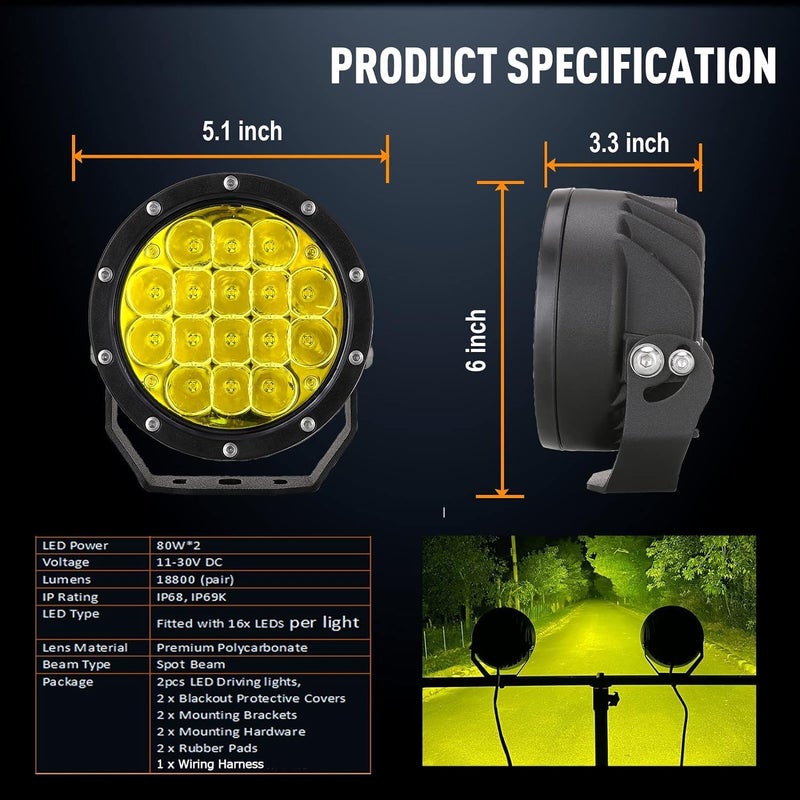 BIGLION.X 5Inch Amber Round LED Offroad Lights Pair 160W 18800LM Super Bright Amber Yellow Fog Light Pods - Image 2