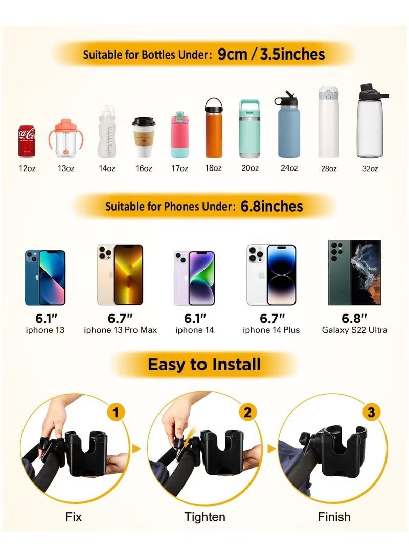 Universal Cup & Phone Holder, 2 in 1 Clip-On Drink Mount with 360° Rotation for Stroller, Wheelchair, Bike, Walker (Black) - Image 4