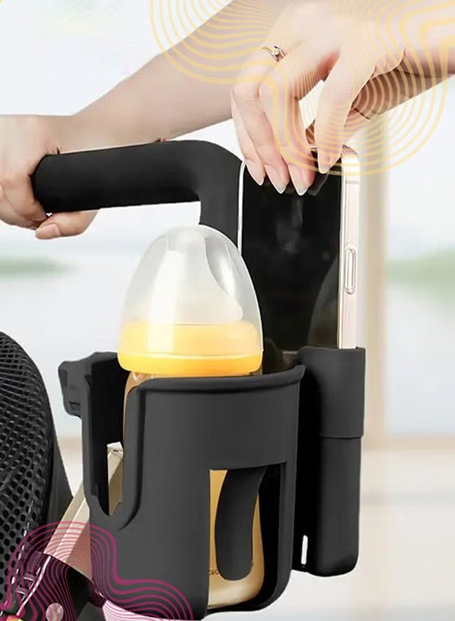 Universal Cup & Phone Holder, 2 in 1 Clip-On Drink Mount with 360° Rotation for Stroller, Wheelchair, Bike, Walker (Black) - Image 1