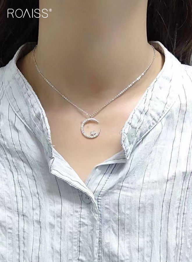 رويس سلسلة قلادة نسائية، قلادة أنيقة هندسية من الكريستال السماوي على شكل نجمة وقمر، مطلية بالكهرباء لامعة، فضية - Image 2