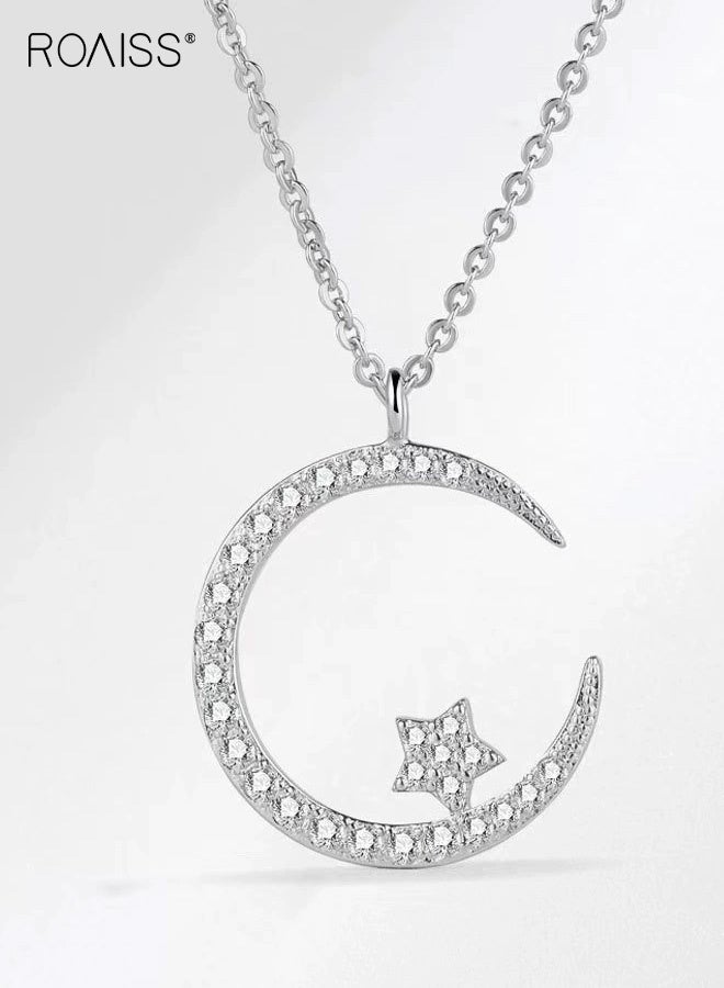رويس سلسلة قلادة نسائية، قلادة أنيقة هندسية من الكريستال السماوي على شكل نجمة وقمر، مطلية بالكهرباء لامعة، فضية - Image 1