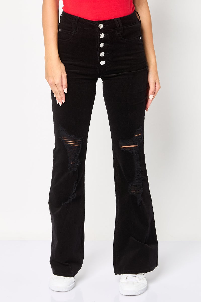 FOREVER 21 Women Regular Fit Velvet Flare Pants, Black - Image 1