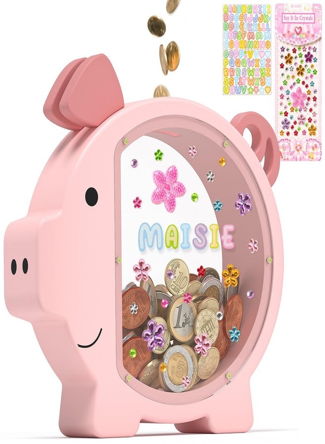 Summidate Pink Piggy Bank Girls,Clear Wooden Piggy Bank for Kids Toddlers,Cute Wood Money Coin Bank with DIY Sticker, Personalized Money Box Toys for Child Birthday Decor - Image 1