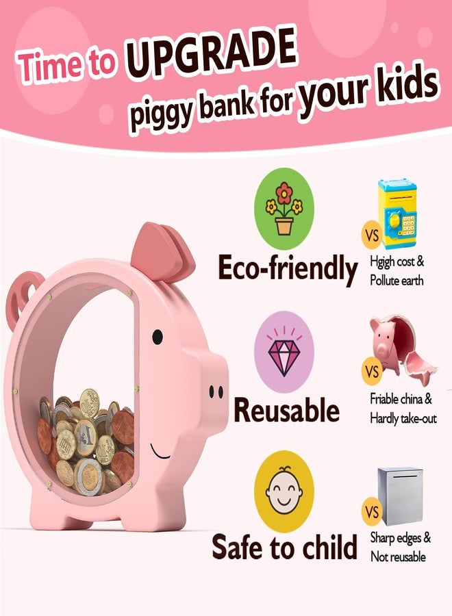Summidate Pink Piggy Bank Girls,Clear Wooden Piggy Bank for Kids Toddlers,Cute Wood Money Coin Bank with DIY Sticker, Personalized Money Box Toys for Child Birthday Decor - Image 4