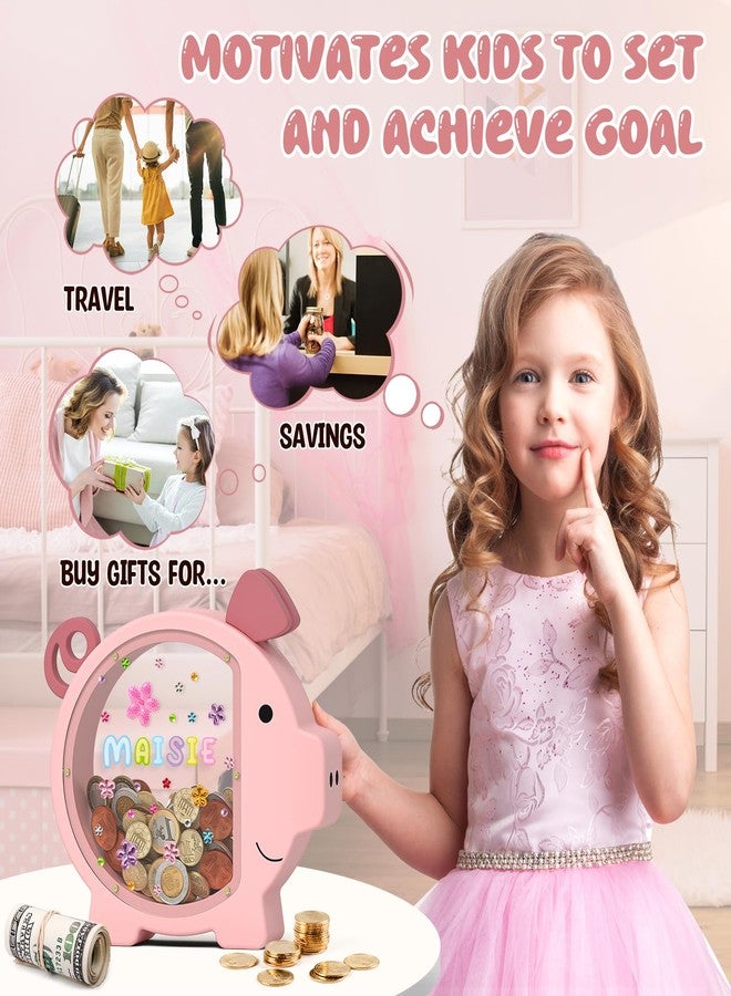 Summidate Pink Piggy Bank Girls,Clear Wooden Piggy Bank for Kids Toddlers,Cute Wood Money Coin Bank with DIY Sticker, Personalized Money Box Toys for Child Birthday Decor - Image 5