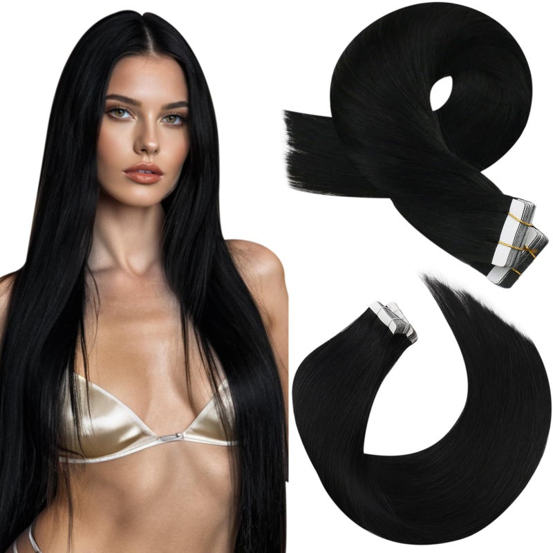 Moresoo Black Tape in Hair Extensions Human Hair Invisible PU Tape in Extensions Straight Glue in Extensions Remy Human Hair Extensions Glue in Straight Hair 18 Inch #1 20pcs 50g - Image 1