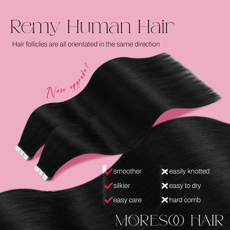 Moresoo Black Tape in Hair Extensions Human Hair Invisible PU Tape in Extensions Straight Glue in Extensions Remy Human Hair Extensions Glue in Straight Hair 18 Inch #1 20pcs 50g - Image 2