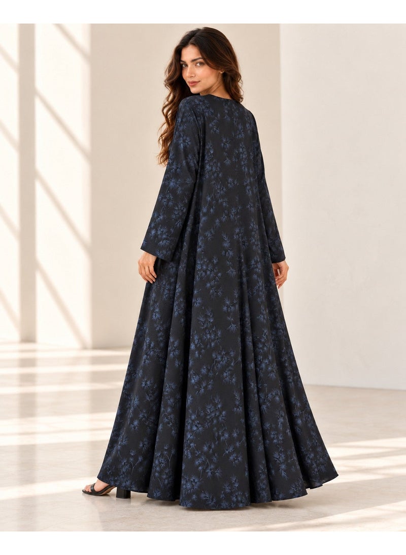 KAVALEE Women's Black Blue Floral Print Flared Abaya with Matching Scarf - Image 5