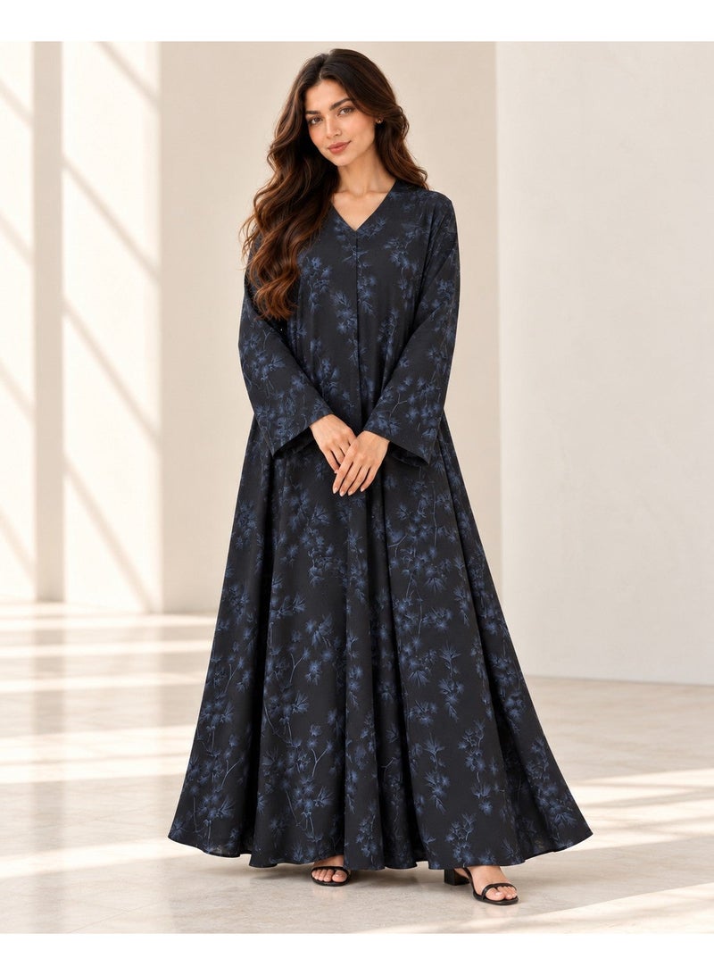KAVALEE Women's Black Blue Floral Print Flared Abaya with Matching Scarf - Image 1