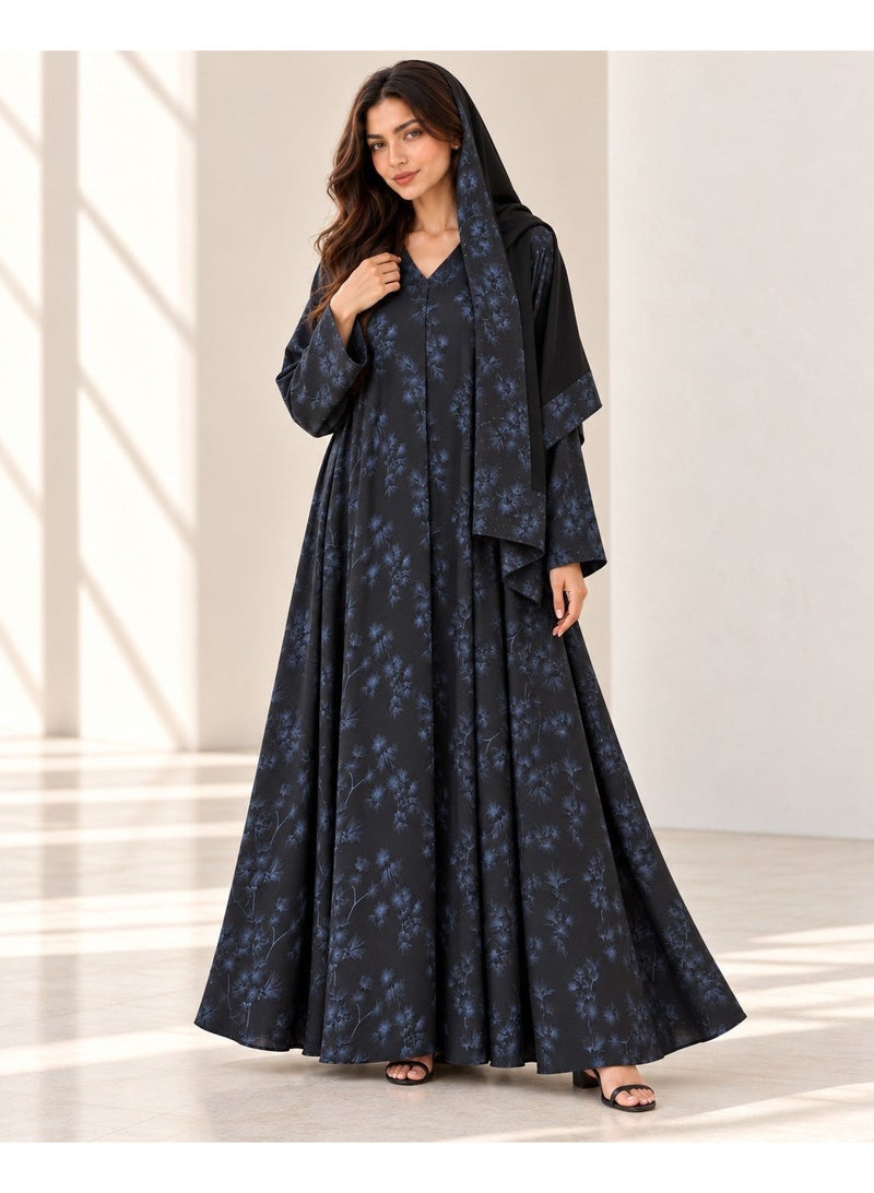 KAVALEE Women's Black Blue Floral Print Flared Abaya with Matching Scarf - Image 3