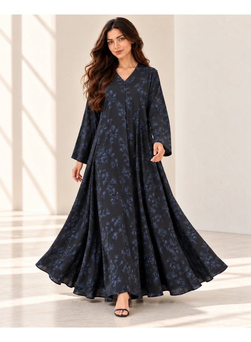 KAVALEE Women's Black Blue Floral Print Flared Abaya with Matching Scarf - Image 4