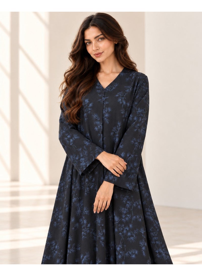 KAVALEE Women's Black Blue Floral Print Flared Abaya with Matching Scarf - Image 2
