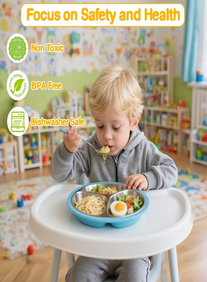 Blissleaf 2 Pcs Stainless Steel Toddler Plate with Suction,Metal Toddler Divided Plates with Removable Silicone Sleeves for Kids, Non Slip Unbreakable Baby Snack Dishes (Blue & Green) - Image 3