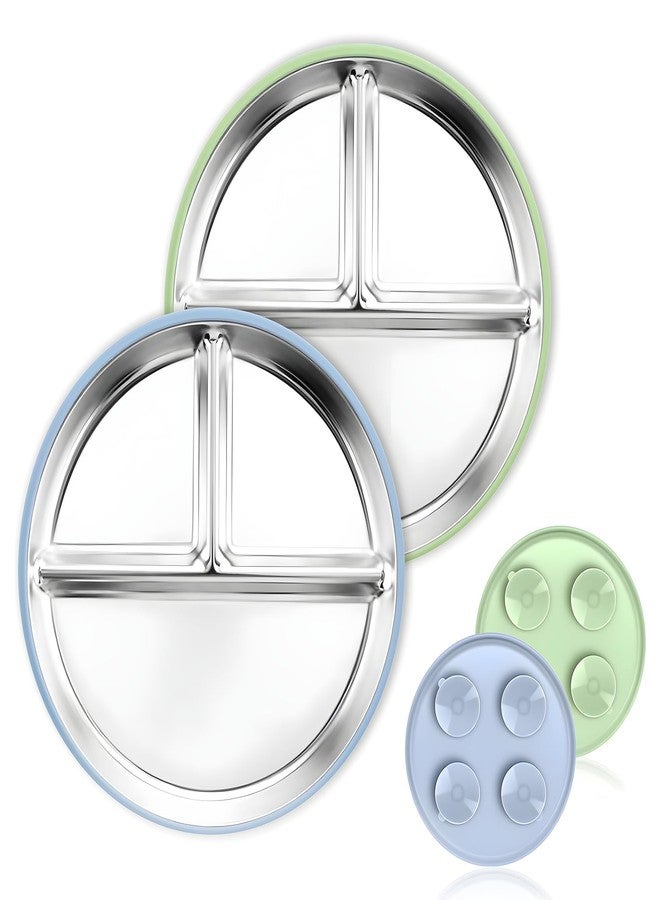 Blissleaf 2 Pcs Stainless Steel Toddler Plate with Suction,Metal Toddler Divided Plates with Removable Silicone Sleeves for Kids, Non Slip Unbreakable Baby Snack Dishes (Blue & Green) - Image 1