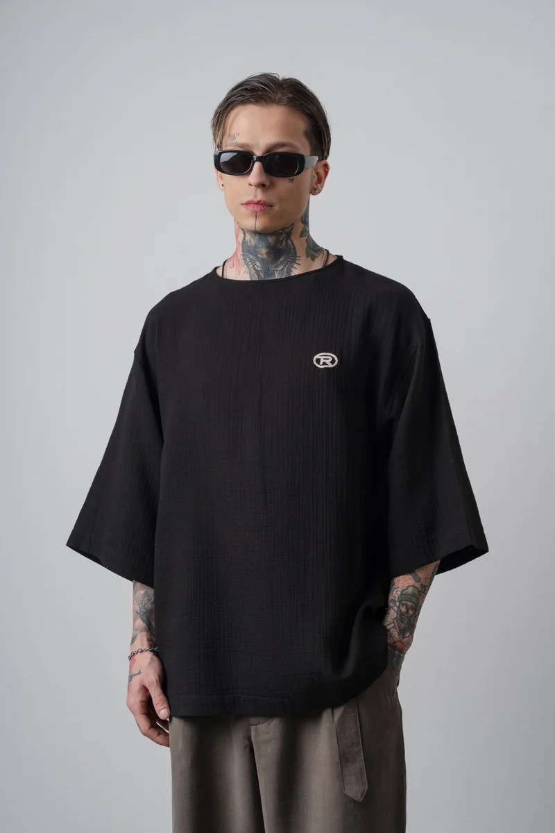 Respire Men's R Embroidered Poor Sleeve Muslin Oversize T-Shirt Black