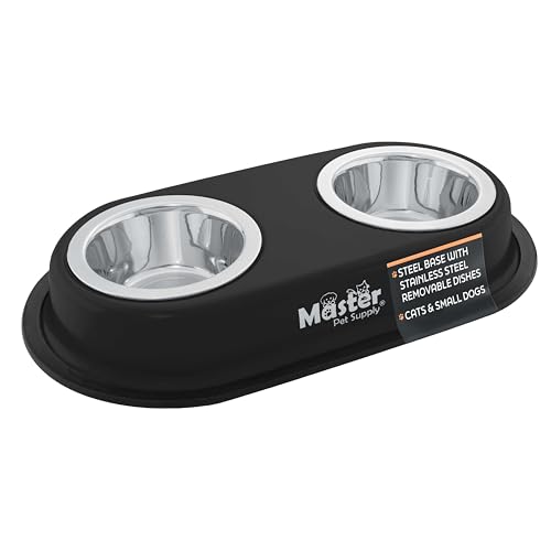 Master Pet Supply Double Dog Bowls Set with Elevated Base and 2 (8 oz) Stainless Steel Removable Dishes (Black Velvet) – Double Cat Food Water Bowl, Dog Puppy Food Bowl Set, Rust Resistant - Image 1