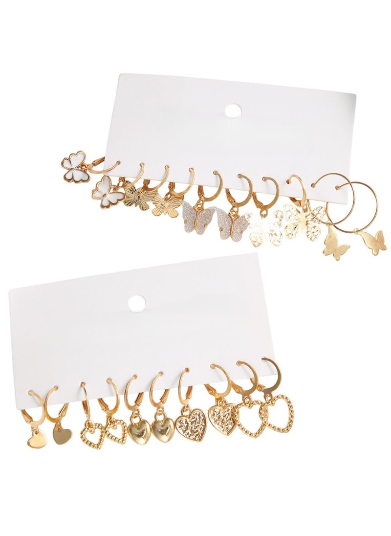 Huitich 10-Pair Gold Colour Tone Dangle Hoop Earrings Set with Heart, Butterfly & Floral Charms  - Image 1