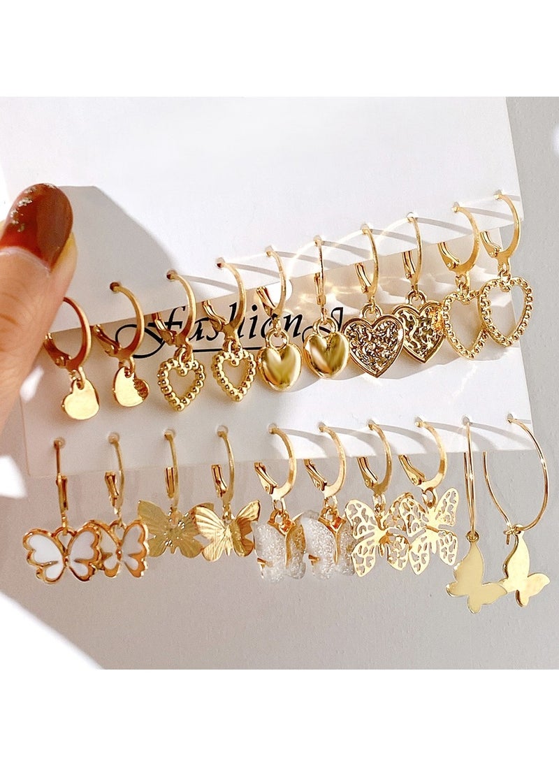 Huitich 10-Pair Gold Colour Tone Dangle Hoop Earrings Set with Heart, Butterfly & Floral Charms  - Image 4