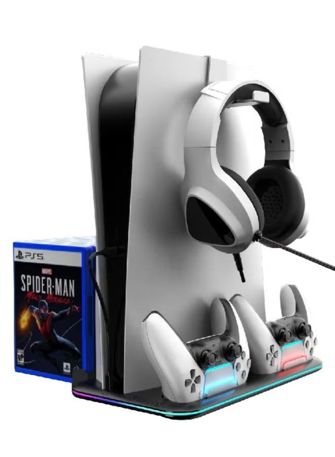 PS5 Stand and Cooling Station with Dual Controller Charging Station for Sony PlayStation 5 Console, PS5 Accessories Incl. Controller Charger, Cooling fan, Headset holder ( Fit PS5 FAT , SLIM ,SLIM PRO Versions) Black  - Image 1