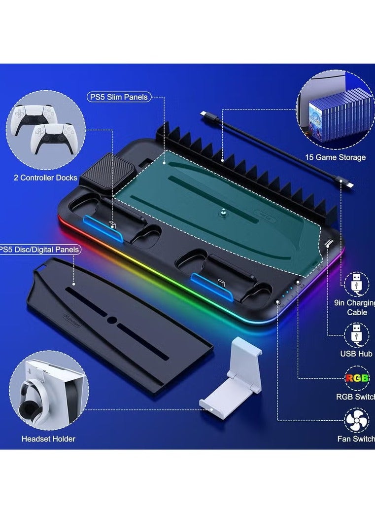 PS5 Stand and Cooling Station with Dual Controller Charging Station for Sony PlayStation 5 Console, PS5 Accessories Incl. Controller Charger, Cooling fan, Headset holder ( Fit PS5 FAT , SLIM ,SLIM PRO Versions) Black  - Image 5
