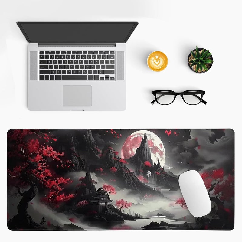 كاست ويف لوحة مكتب يابانية بتصميم القمر الأحمر الكامل على ضفة النهر، بحجم XL ممتد، لوحة فأرة ألعاب كبيرة، لوحة مفاتيح وفأرة 31.5x11.8 بوصة، ديكور مكتب للكمبيوتر المحمول، لوحة فأرة - Image 2
