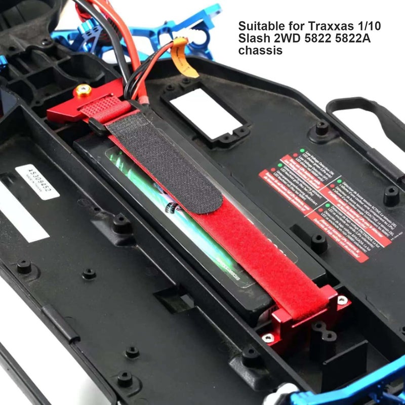 Focket Tall Battery Holder Mount Hold Down for Traxxas 110 Slash 2WD 5822 5822A Chassis Aluminium Alloy RC Battery Mount Plate Battery Holder Mount with Strap for Traxxas 110 Slash Red - Image 3