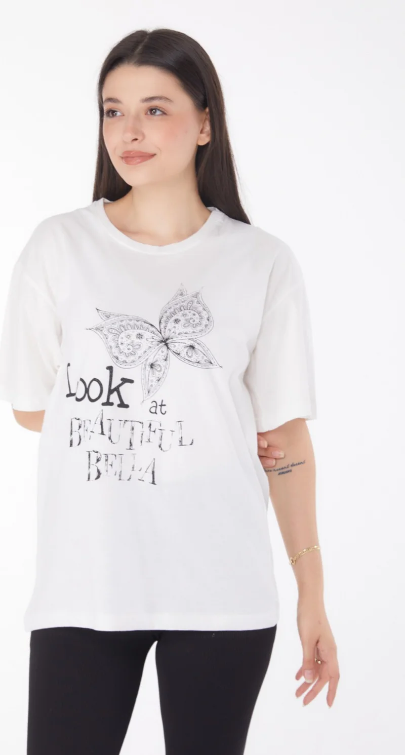 Tofisa Plain Crew Neck Women's White Printed Short Sleeve T-Shirt - 25766