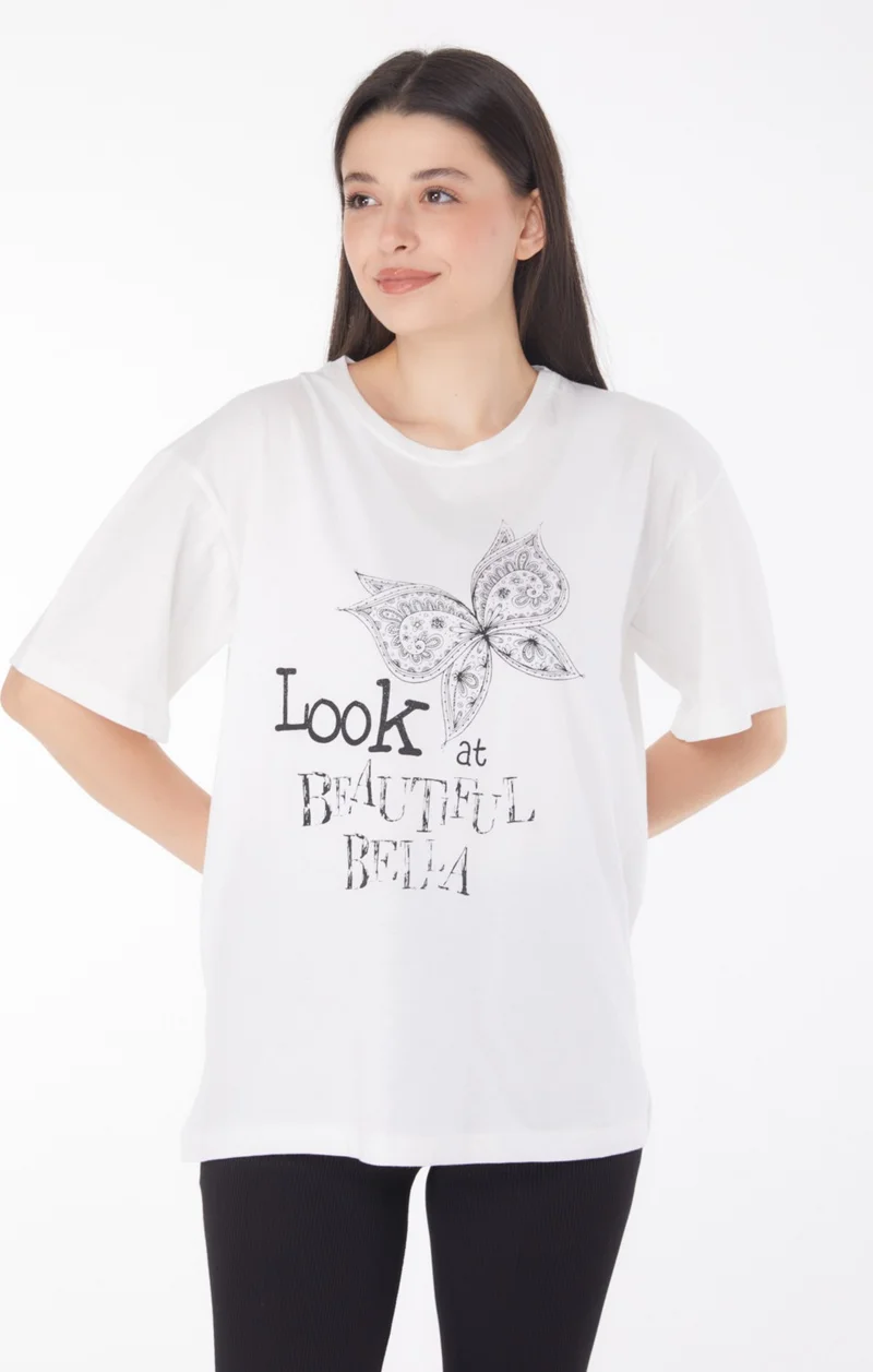 Tofisa Plain Crew Neck Women's White Printed Short Sleeve T-Shirt - 25766