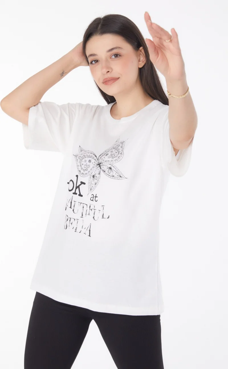 Tofisa Plain Crew Neck Women's White Printed Short Sleeve T-Shirt - 25766
